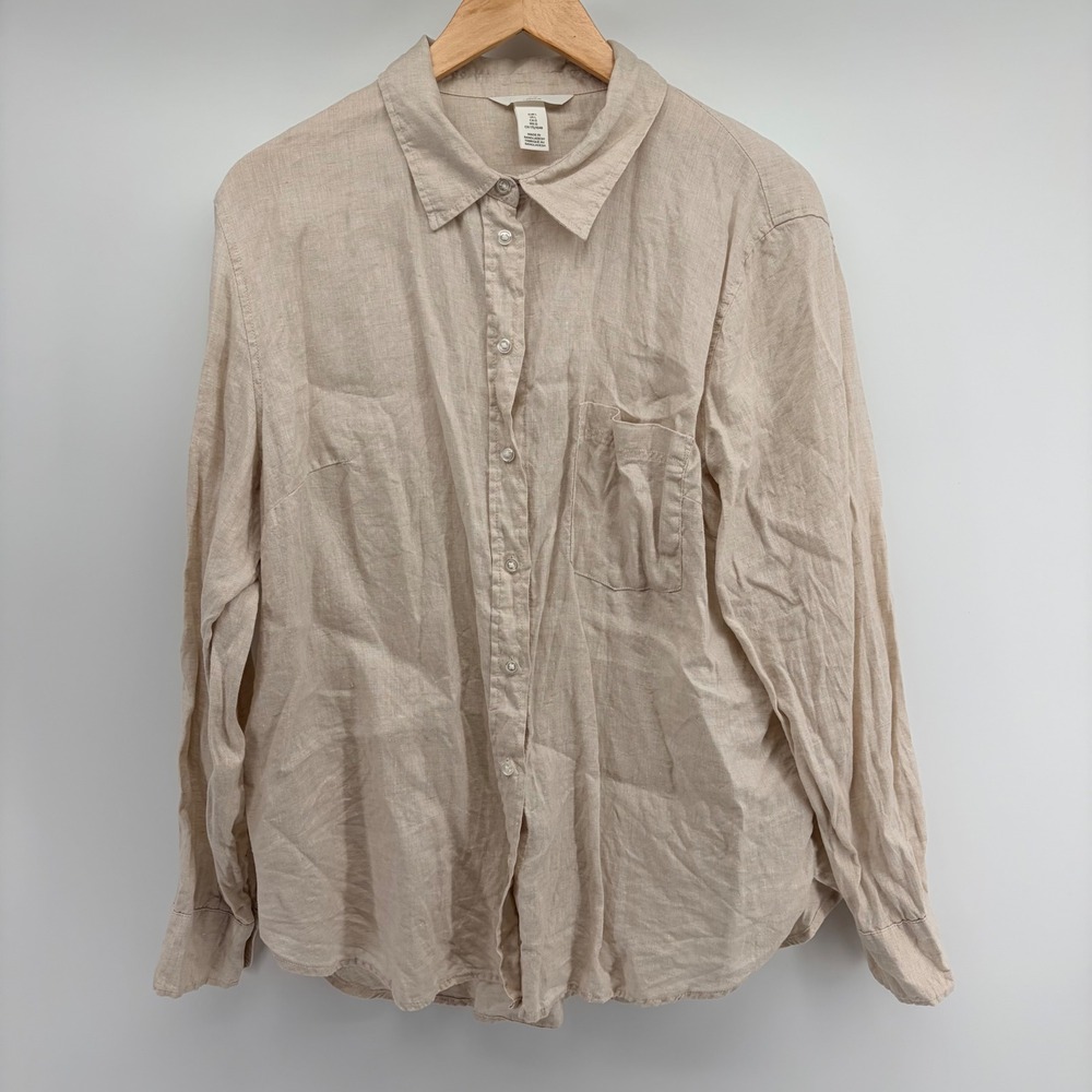 H&M Linen Shirt Womens Large Beige Tan Long Sleeve Button Down Blouse Pocket